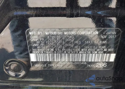 2018 Mitsubishi Outlander Le из США, поврежденный, VIN JA4AD3A36JZ031408